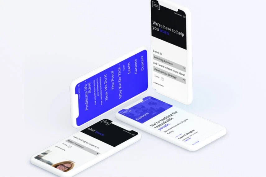 Stacked digital business cards with contact details and blue accents on a white background.