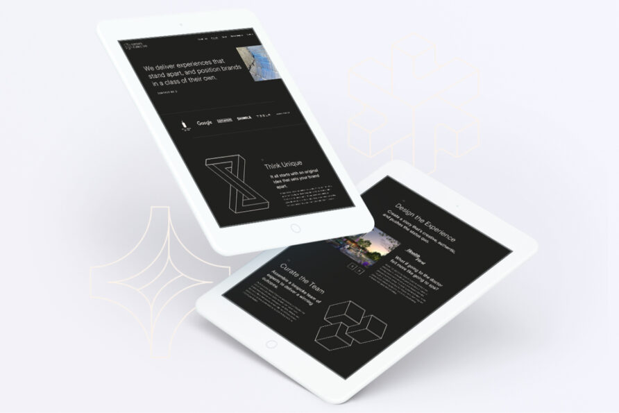 Two white tablets displaying a dark-themed app interface with text and images on their screens, set against a light background.