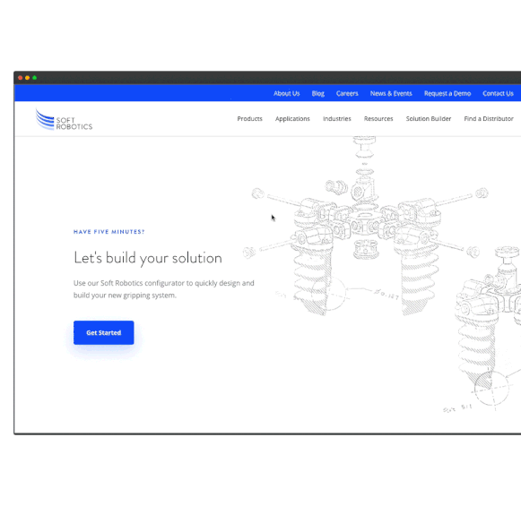Soft Robotics website homepage showcasing their gripper system and configurator tool with a Get Started call-to-action button.