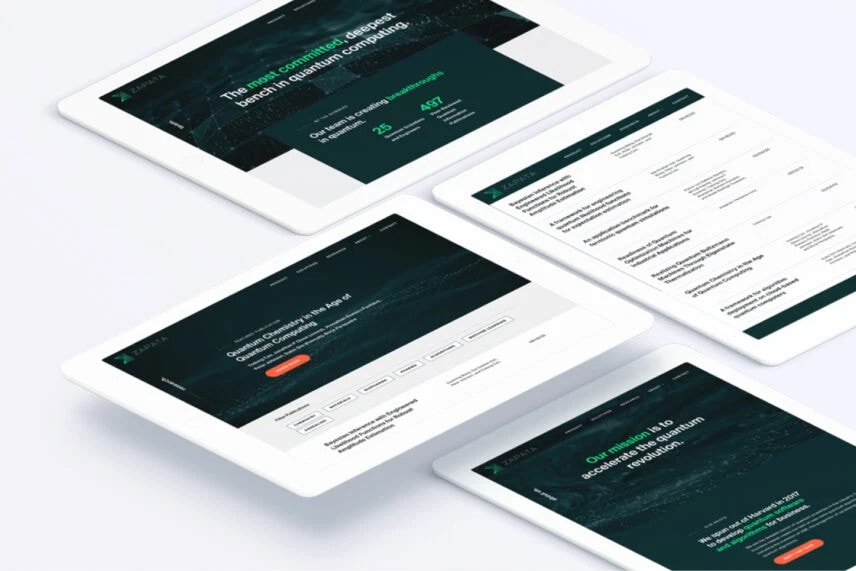 Multiple digital screens displaying a website with dark background and green accents, showcasing web design and layout.