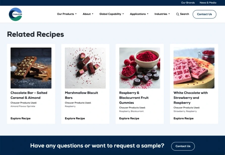 Four related recipes shown on a webpage with images of chocolate bar, marshmallow biscuit, fruit gummies, and white chocolate desserts.