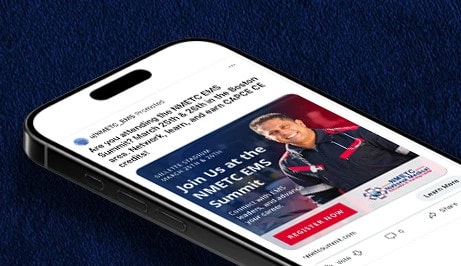Smartphone displaying an online advertisement for the NHPC EMS Summit with details about event dates and registration options.