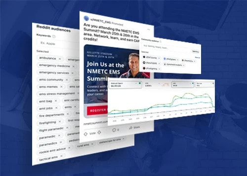 Collage of website stats, social media posts, and event invitation with graph and engagement data on a blue background.
