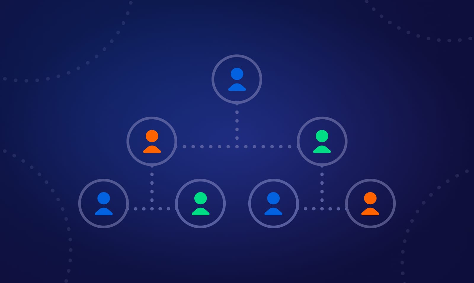 Hierarchical network of multicolored user icons on a dark blue background