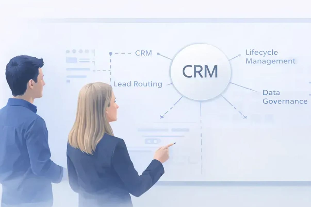 Two professionals discussing CRM on a whiteboard with terms like lifecycle management and data governance.