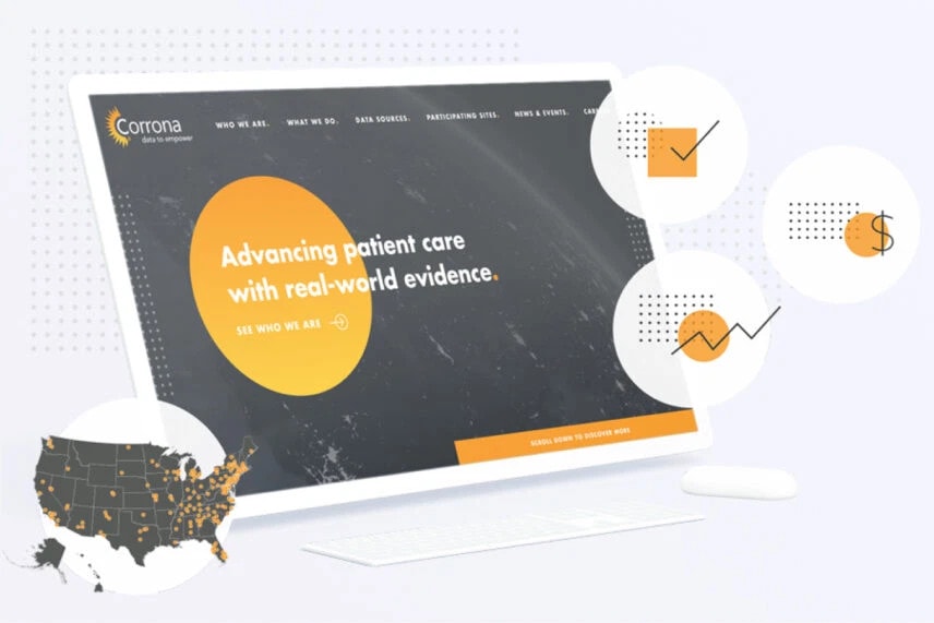 Website homepage displayed on a computer screen with text "Advancing patient care with real-world evidence," featuring graphs and charts.