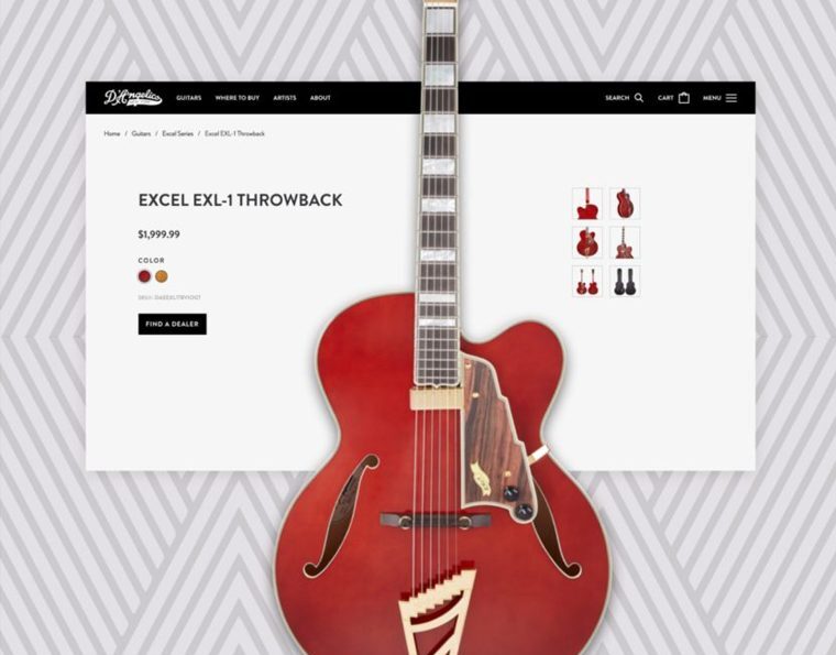 Red electric guitar in front of a website background displaying guitar models and information.