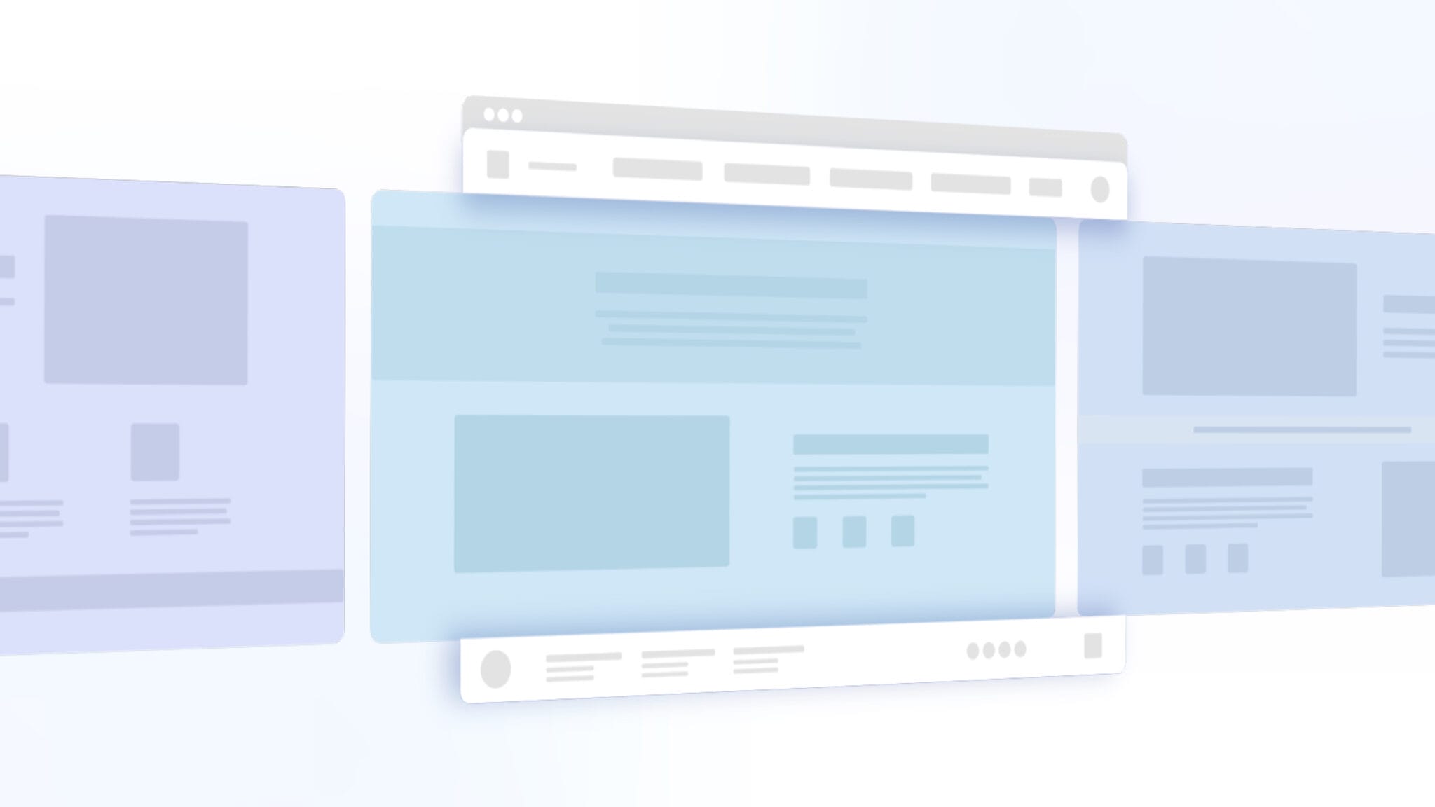 "Illustration of a software interface with multiple overlapping web pages in a modern, minimalistic design."