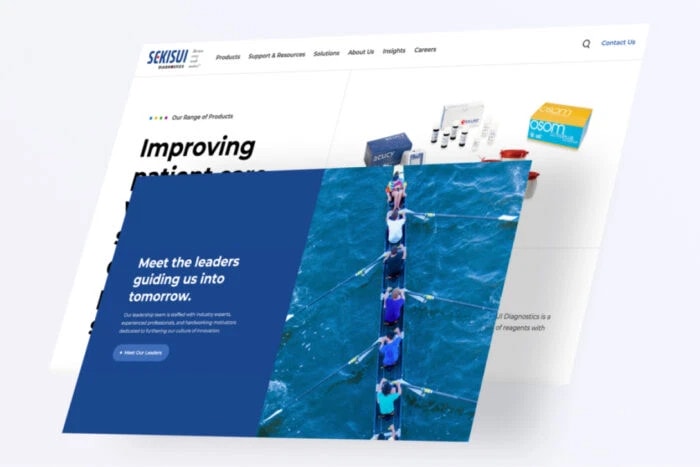 Website homepage screenshot featuring a team rowing together and text about guiding into the future.