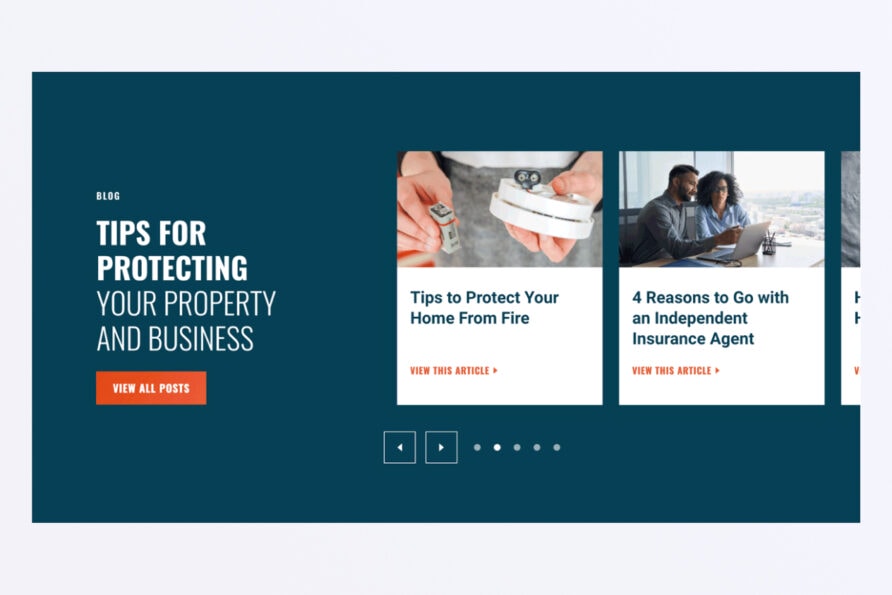 Guide for protecting business property with two article previews: fire safety tips and reasons to hire an insurance agent.