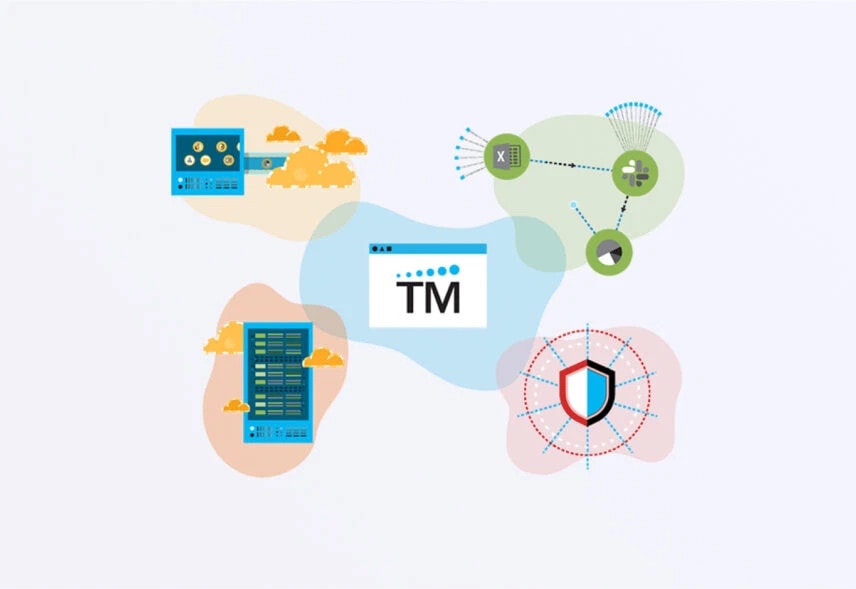 Illustration of a tech ecosystem featuring cloud computing, networking, cybersecurity, and a TM logo at the center.