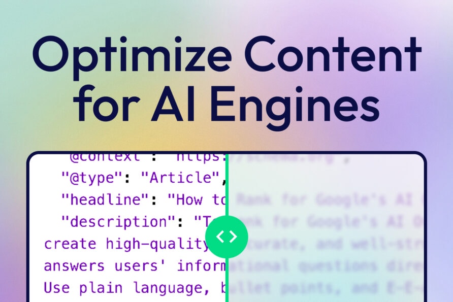 Text reads "Optimize Content for AI Engines" with a background of code snippets.