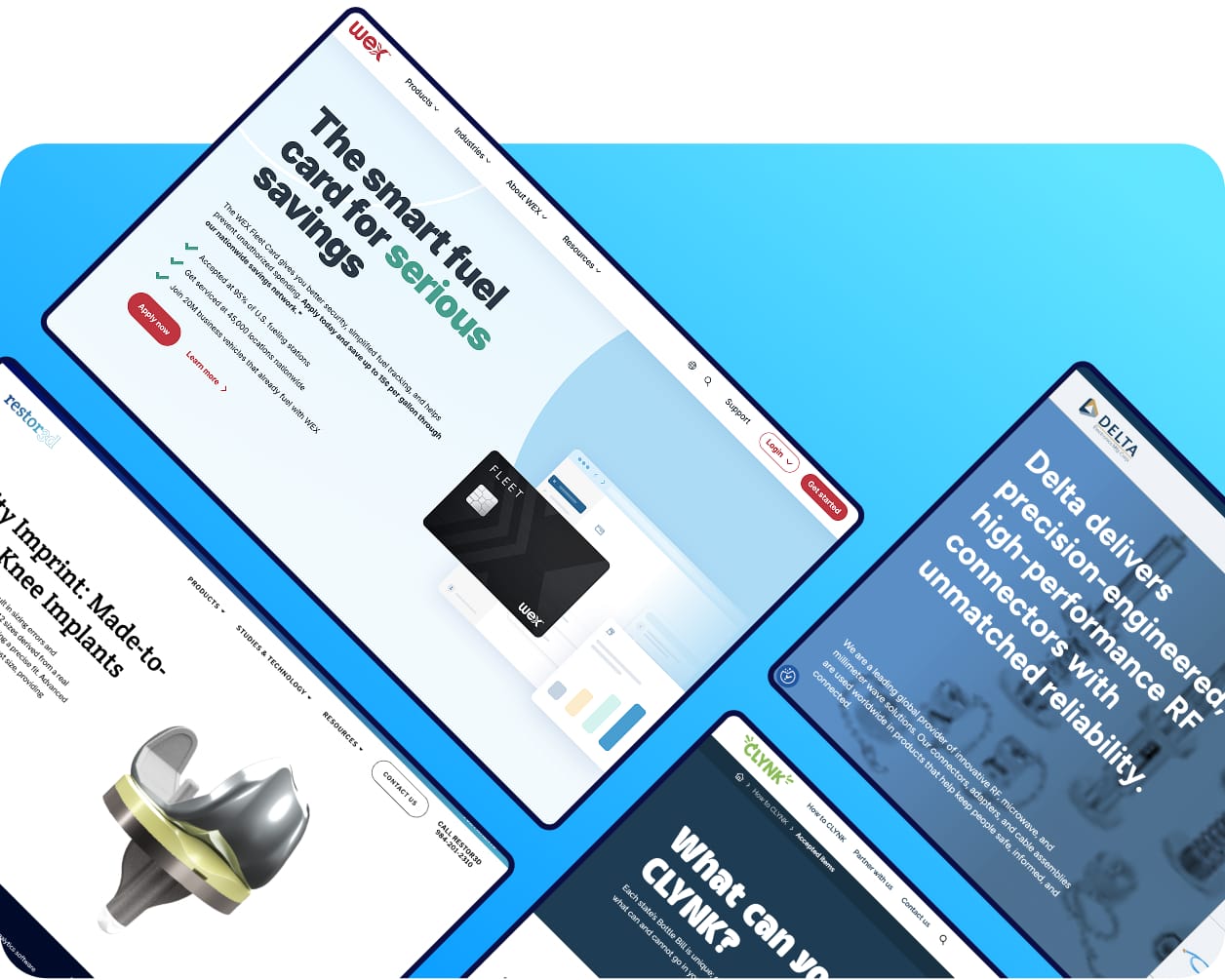 angled view of four overlapping website pages on a blue gradient background displaying various tech and financial services