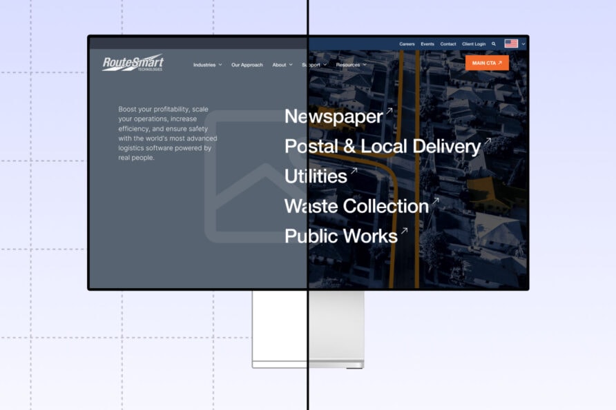 "RouteSmart webpage showcasing industries: Newspaper, Postal & Local Delivery, Utilities, Waste Collection, Public Works."