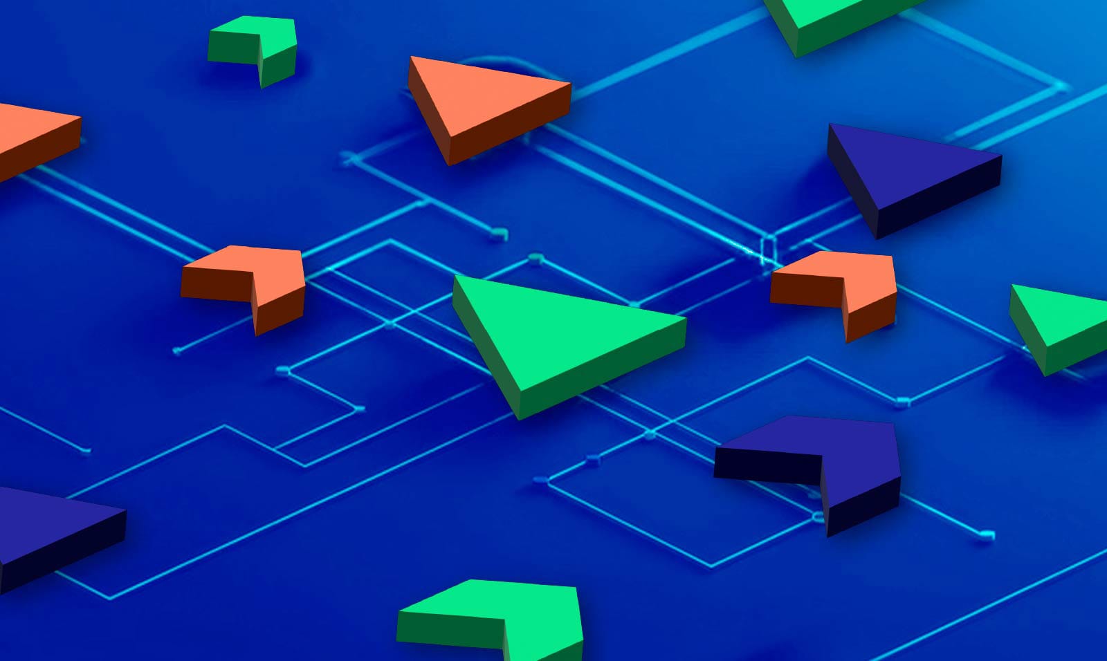 Colorful geometric shapes on a blue circuit-like background depicting a digital abstract concept.