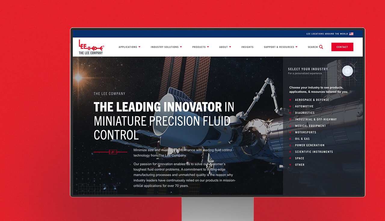Website homepage showcasing a company as a leading innovator in miniature precision fluid control with bold text and industrial imagery.