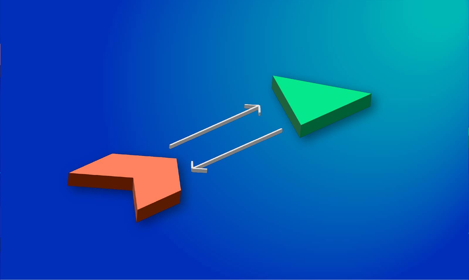 Orange and green 3D arrows pointing at each other with two white arrows between them on a blue gradient background.