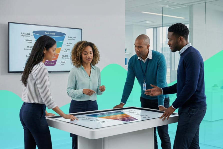 Team collaborating around a digital table in a modern office setting with presentation screens in the background.